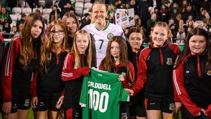<p>CENTURION: Republic of Ireland captain Diane Caldwell with ballkids from Balbriggan FC.Photo by Stephen McCarthy/Sportsfile</p>
