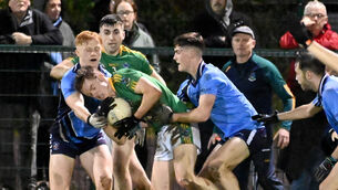 <p> SUROUNDED: Kilmacabea's Diarmuid O'Callaghan is tackled by Barryroe's Ryan O'Donovan and Tomas O'Buachalla during the Bandon Co-Op West Cork JAFC final at Dunmanway. Pic: Eddie O'Hare</p>