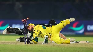 <p>DHARAMSALA, INDIA - OCTOBER 28: Jimmy Neesham of New Zealand is run out by Wicketkeeper Josh Inglis of Australia during the ICC Men's Cricket World Cup India 2023 Group Stage. Pic: Robert Cianflone/Getty Images</p>