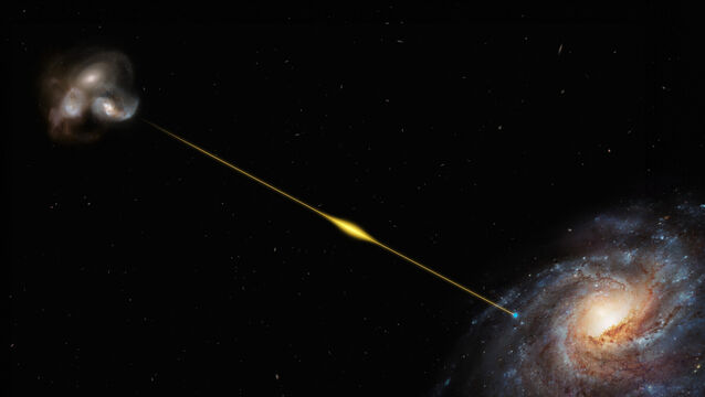 An artist’s impression illustrates the path of the fast radio burst (ESO/M Kornmesser) An artist’s impression illustrates the path of the fast radio burst (ESO/M Kornmesser)