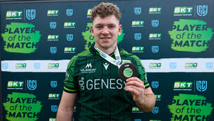 <p>STRENGTH TO STRENGTH: Connacht’s Cathal Forde receives the BKT Player of the Match Award.</p>