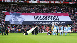 <p>REMEMBERING SIR BOBBY CHARLTON: A giant banner in tribute to Sir Bobby Charlton during the Premier League match at Old Trafford, Manchester. </p>