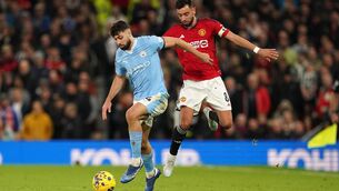 <p>Manchester City’s Josko Gvardiol battles for the ball against Manchester United's Bruno Fernandes during the Premier League match at Old Trafford, Manchester. Picture: Martin Rickett/PA Wire </p>