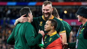 <p>MUNSTER CONNECTION: South Africa Director of Rugby Rassie Erasmus celebrates with RG Snyman after the game. Picture: INPHO/Dan Sheridan</p>