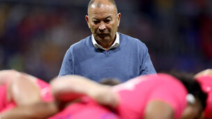 <p>Eddie Jones during training at the Rugby World Cup. Pic: PA</p>