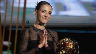 <p>Bonmati celebrates after being awarded with the 2023 Women's Ballon d'Or.</p>