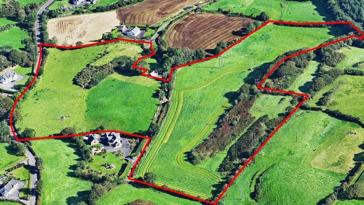 Aerial marked view of the 16.5-acre farm at Coolnagarrane, Skibbereen, Co Cork.