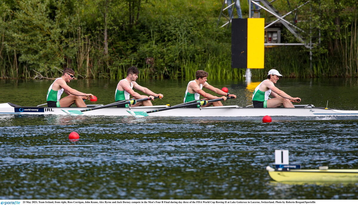 Team Ireland, from right, Ross Corrigan, John Keane, Alex Byrne and Jack Dorney compete in the Men's Four B Final during day three of the FISA World Cup Rowing II at Lake Gottersee in Lucerne, Switzerland. Photo by Roberto Bregani/Sportsfile