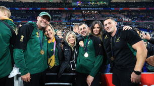 <p>ANOTHER LEVEL: South Africa Head Coach Jacques Nienaber and assistant coach Felix Jones celebrate after the game with family. Pic Credit ©INPHO/Dan Sheridan</p>