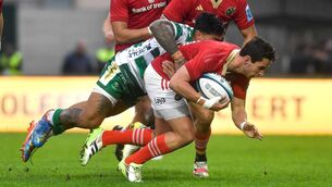 <p>WRIST INJURY: Munster’s Joey Carbery tackled by Malakai Fekitoa of Benetton. Pic Credit ©INPHO/Luca Sighinolfi</p>