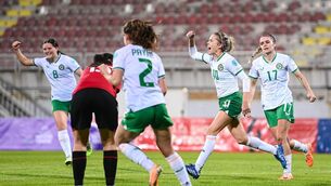 <p>CRUCIAL STRIKE: Denise O'Sullivan of the Republic of Ireland, centre, celebrates. Pic: Stephen McCarthy/Sportsfile</p>