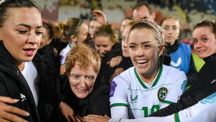 <p>ALL SMILES: Katie McCabe, left, Republic of Ireland interim head coach Eileen Gleeson and Denise O'Sullivan celebrate after the UEFA Women's Nations League B match. Pic: Stephen McCarthy/Sportsfile</p>
