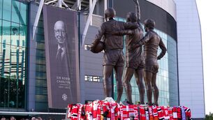 <p>Tributes to Bobby Charlton ahead of a Premier League match at Old Trafford. Photo credit: Martin Rickett/PA Wire.</p>