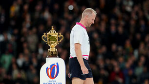 <p>END OF AN ERA: Referee Wayne Barnes walks past the Webb Ellis Cup following the Rugby World Cup 2023 final. Pic: David Davies/PA Wire.</p>