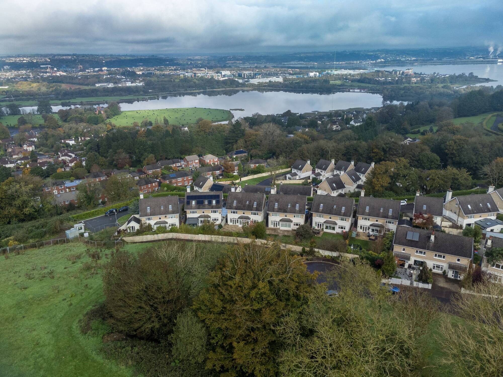 Douglas Estuary and Lough Mahon are glittering in the distance, looking down from 17 Clarke's Wood, in Mount Oval Village, Rochestown