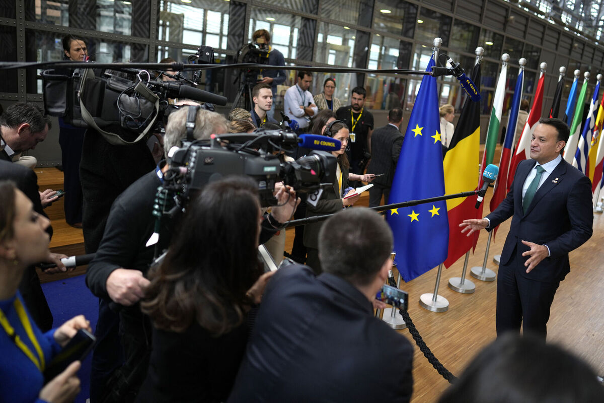Taoiseach Leo Varadkar at an EU summit in Brussels where he and other leaders called for "humanitarian pauses" in Israel's attacks on Gaza. Photo: AP/Virginia Mayo