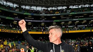 <p>20 May 2023; La Rochelle head coach Ronan O'Gara celebrates after the Heineken Champions Cup Final match between Leinster and La Rochelle at Aviva Stadium in Dublin. Photo by Ramsey Cardy/Sportsfile</p>
