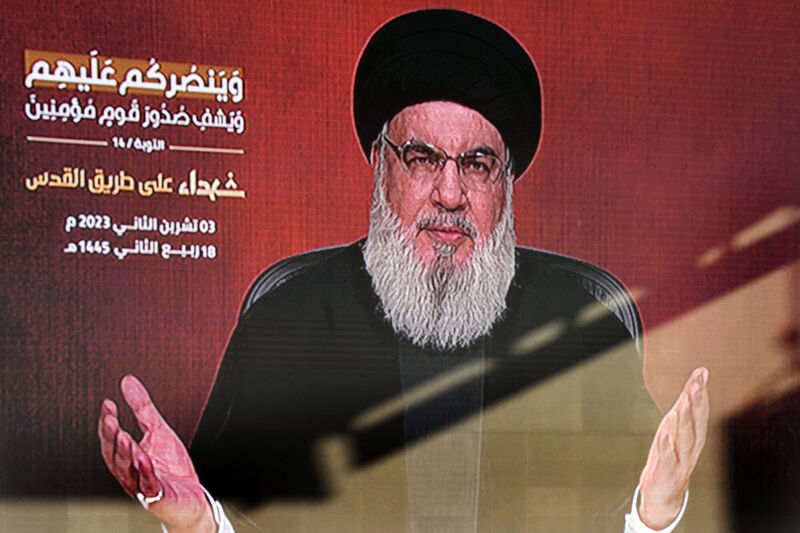 Hezbollah leader Sayyed Hassan Nasrallah greets his supporters via video link, during a rally to commemorate Hezbollah fighters who were killed in South Lebanon last few weeks while fighting against Israeli forces. Picture: AP Photo/Hussein Malla Hezbollah leader Sayyed Hassan Nasrallah greets his supporters via video link, during a rally to commemorate Hezbollah fighters who were killed in South Lebanon last few weeks while fighting against Israeli forces. Picture: AP Photo/Hussein Malla