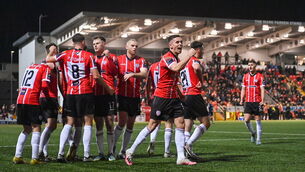 <p>SECOND PLACEl Jordan McEneff of Derry City celebrates after scoring his side's third goal. Photo by Ramsey Cardy/Sportsfile</p>