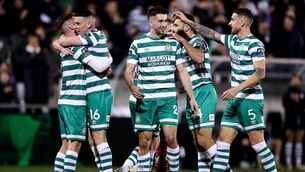 <p>CELERATION TIME: Shamrock Rovers' Dylan Watts celebrates after scoring his teams fourth and his second goal with Gary O'Neill, Neil Farrugia and Lee Grace. Pic: ©INPHO/Ben Brady</p>