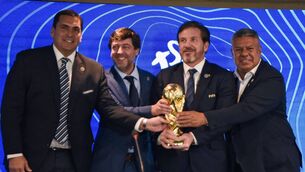 <p>DEMOCRATIC DEFICIT: Paraguayan Football Association President Robert Harrison, Uruguayan Football Association President Ignacio Alonso, Conmebol President Alejandro Dominguez and Argentine Football Association President Claudio Tapia hold a replica of the World Cup trophy after announcing in a press conference in Luque, Paraguay, on October 4, 2023, that the "inaugural matches" of the 2030 World Cup will be played in Uruguay, Argentina and Paraguay  (Photo by Norberto DUARTE / AFP) </p>