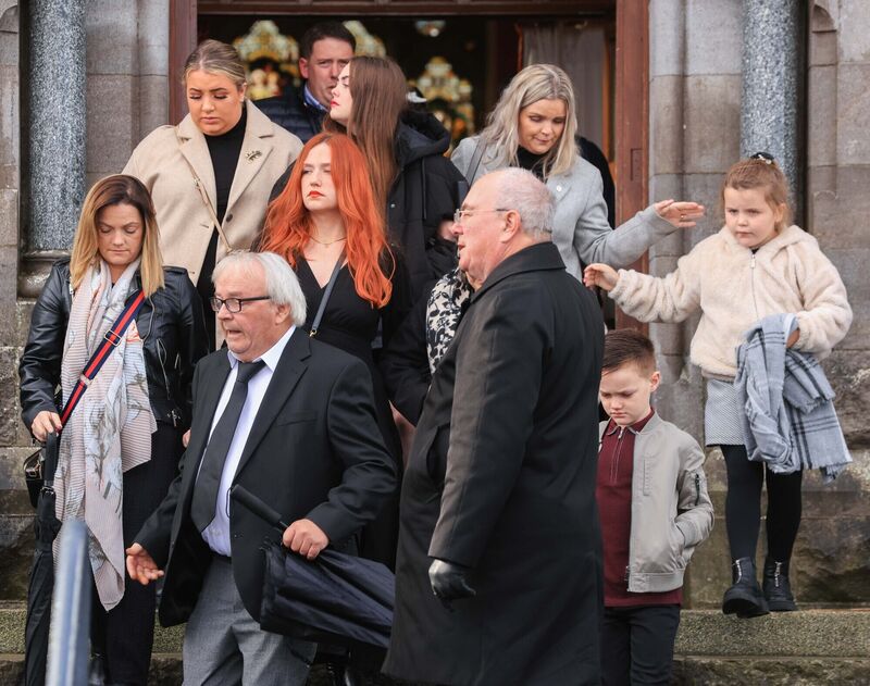 Family members leaving the church as the coffin of Denise Morgan is removed ahead of her burial. Picture: Eamonn Farrell/RollingNews.ie Family members leaving the church as the coffin of Denise Morgan is removed ahead of her burial. Picture: Eamonn Farrell/RollingNews.ie
