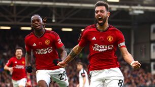 <p>LONDON, ENGLAND - NOVEMBER 04: Bruno Fernandes of Manchester United celebrates after scoring the team's first goal during the Premier League match between Fulham FC and Manchester United at Craven Cottage on November 04, 2023 in London, England. (Photo by Bryn Lennon/Getty Images)</p>