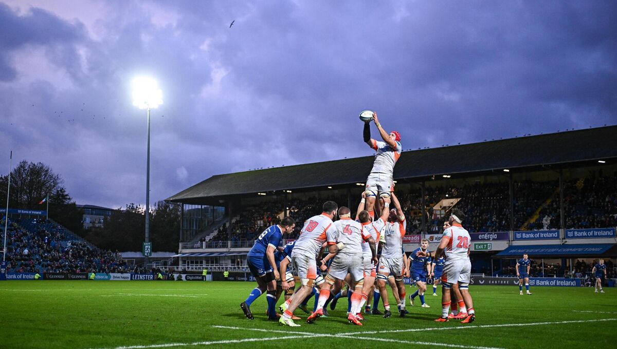 4 November 2023; Grant Gilchrist of Edinburgh takes possession in the lineout during the United Rugby Championship match between Leinster and Edinburgh at the RDS Arena in Dublin. Photo by Harry Murphy/Sportsfile 4 November 2023; Grant Gilchrist of Edinburgh takes possession in the lineout during the United Rugby Championship match between Leinster and Edinburgh at the RDS Arena in Dublin. Photo by Harry Murphy/Sportsfile