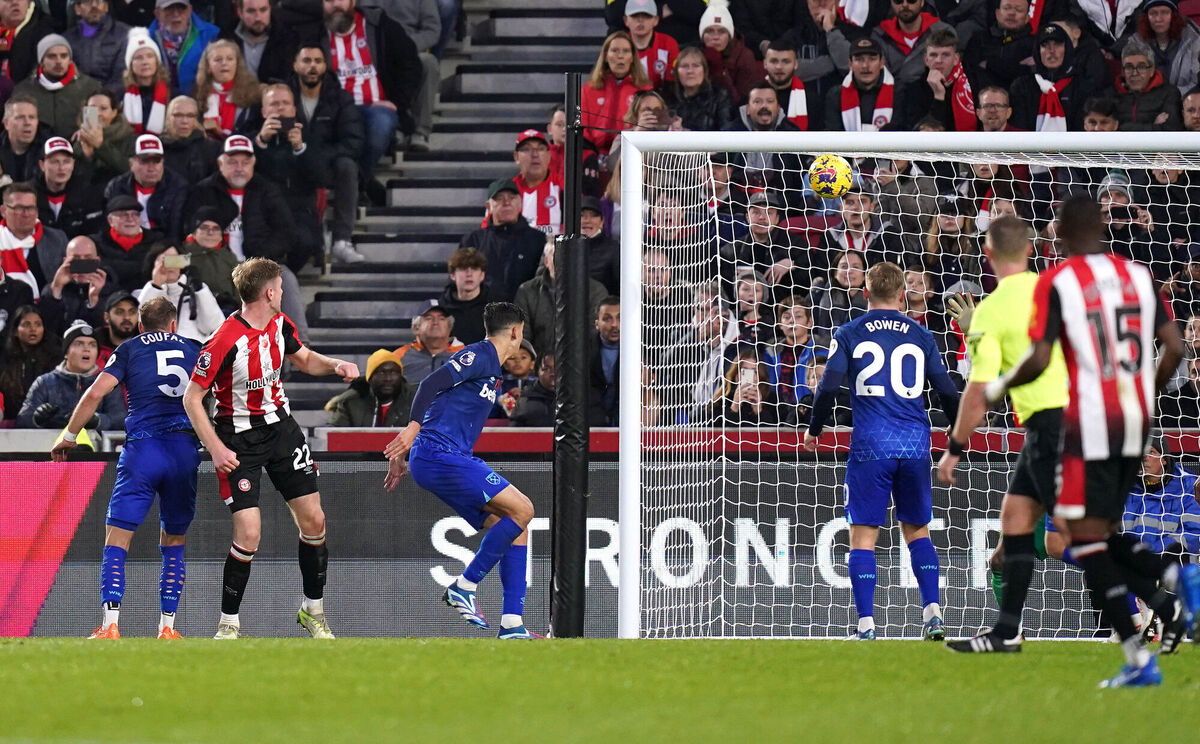 Brentford's Nathan Collins scores their side's third goal of the game.