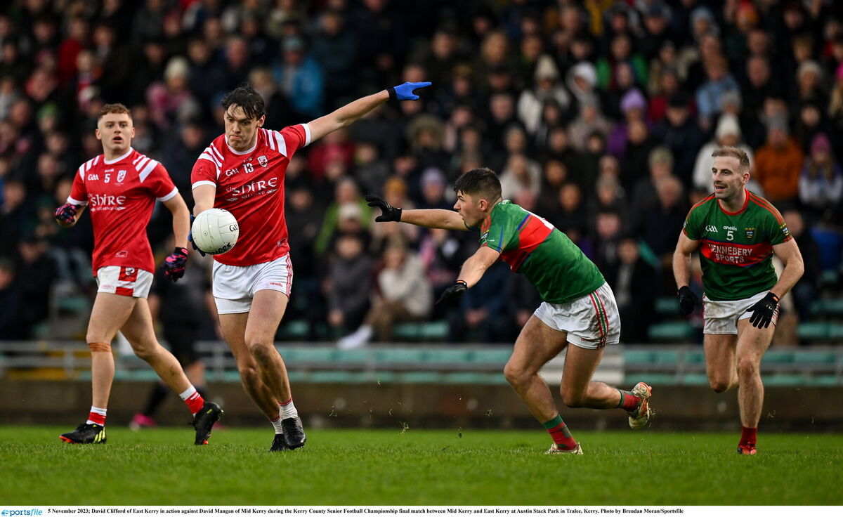 TICKING OVER: David Clifford of East Kerry in action against David Mangan of Mid Kerry. Pic: Brendan Moran/Sportsfile TICKING OVER: David Clifford of East Kerry in action against David Mangan of Mid Kerry. Pic: Brendan Moran/Sportsfile