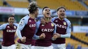 <p>Aston Villa's Anwar El Ghazi (centre) celebrates with team-mates Jack Grealish and Matty Cash.</p>