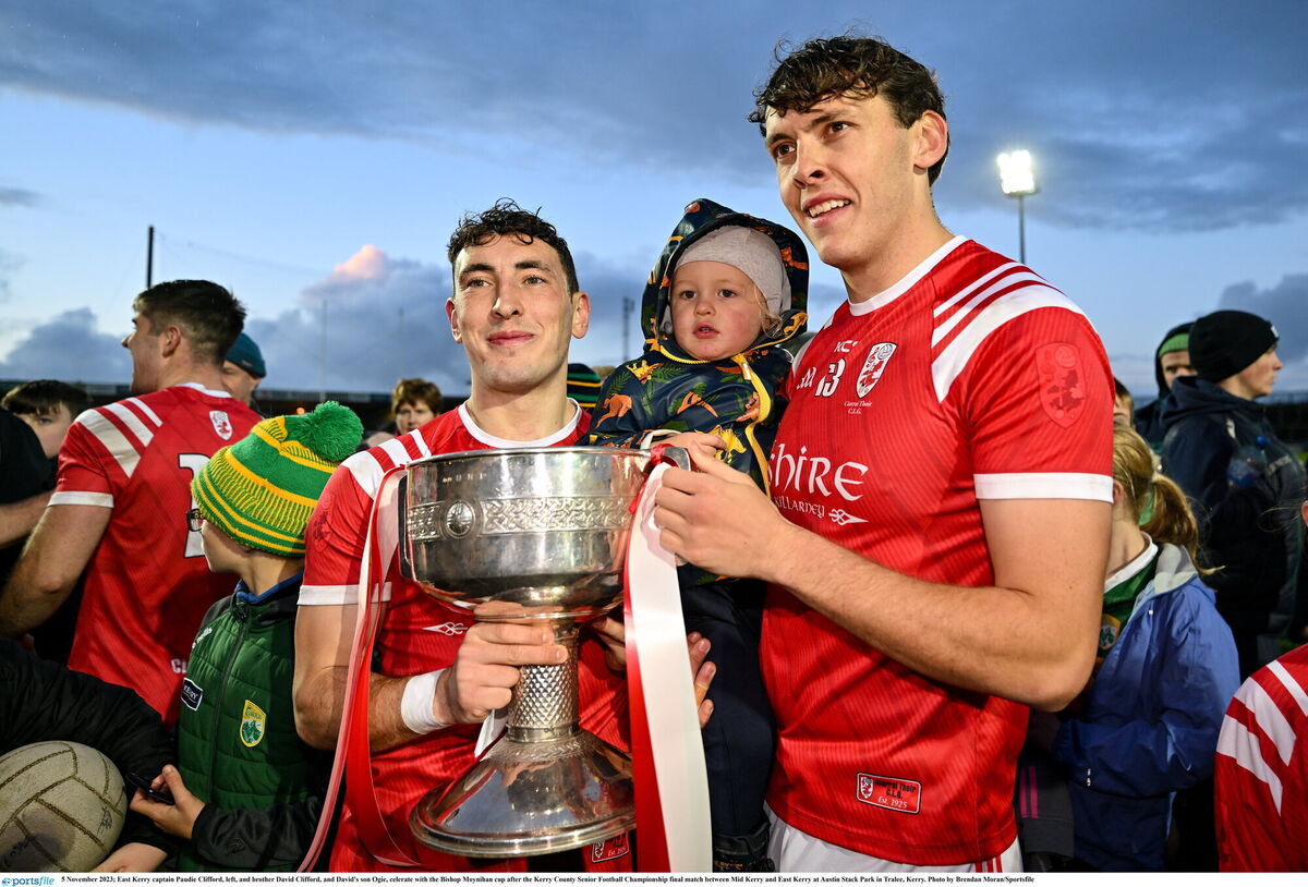 FAMILY AFFAIR: East Kerry captain Paudie Clifford, left, and brother David Clifford, and David's son Ogie. Pic: Brendan Moran/Sportsfile FAMILY AFFAIR: East Kerry captain Paudie Clifford, left, and brother David Clifford, and David's son Ogie. Pic: Brendan Moran/Sportsfile