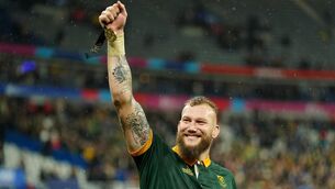 <p>EXIT SNYMAN: South Africa's RG Snyman celebrates after winning the Rugby World Cup where he suffered an injury. Photo credit: Adam Davy/PA Wire.</p>