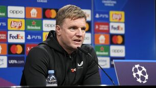 <p>Newcastle's head coach Eddie Howe talks to the media at a press conference.</p>