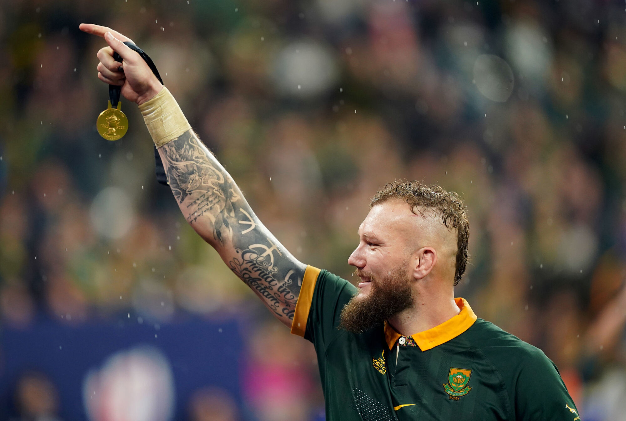 INJURY TROUBLE: South Africa's RG Snyman holds aloft his medal following victory over New Zealand in the Rugby World Cup 2023 final. Pic: Mike Egerton/PA Wire.