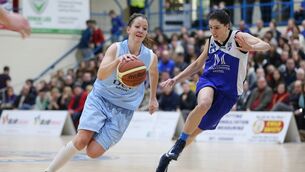 <p> Jessica Scannell (right) with DCU Mercy's Fionnuala Toner,  playing for Team Montenotte Hotel in the 2015 National Cup semi-final</p>