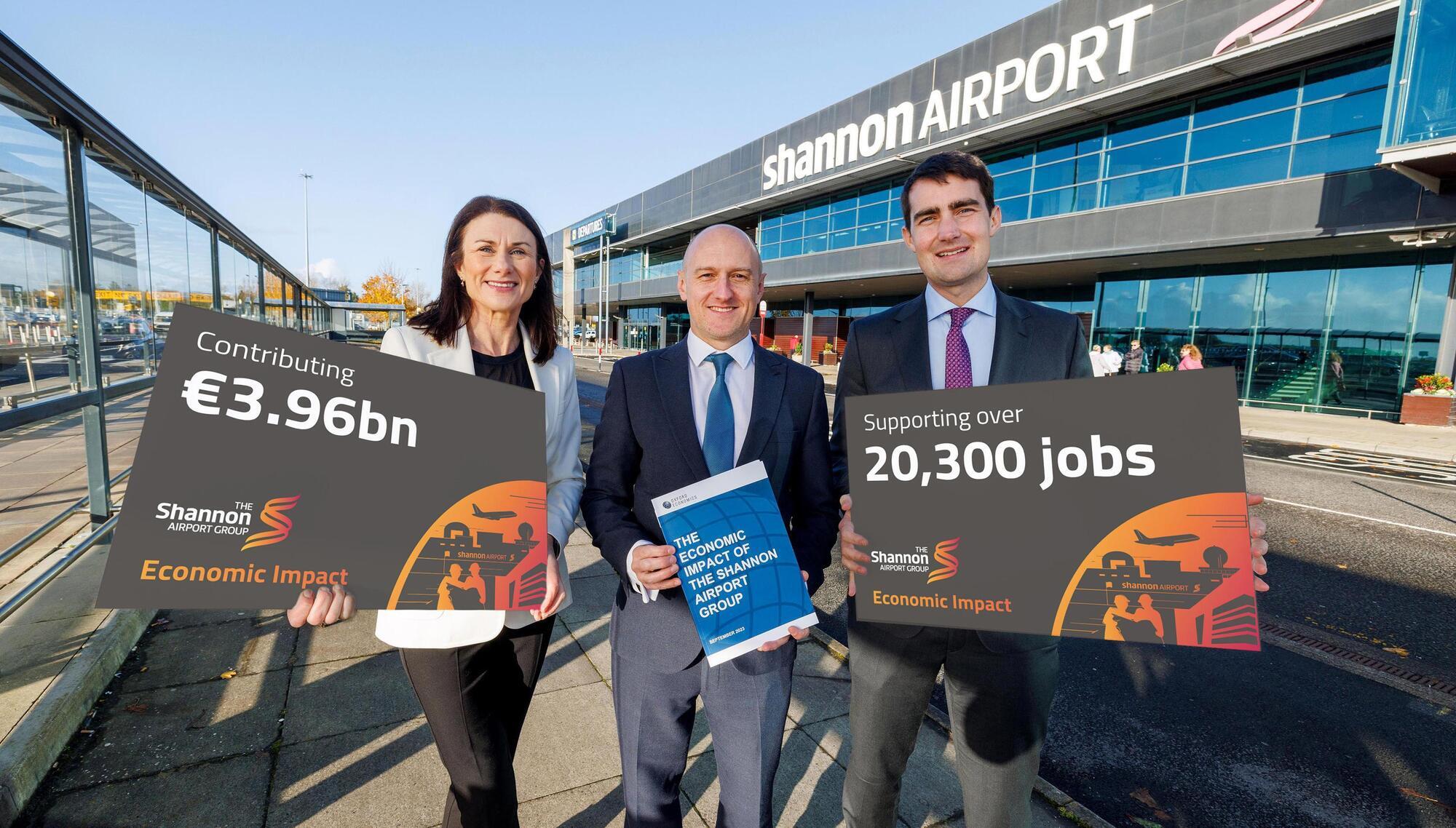 New report shows The Shannon Airport Group delivers a major contribution of almost €4bn to the Irish economy and supports over 20,300 jobs. Pictured L-R Mary Considine, CEO The Shannon Airport Group, Neil McCullough from Oxford Economics and one of the report’s authors and Minister of State at the Department of Transport, Jack Chambers TD. Pic Arthur Ellis.