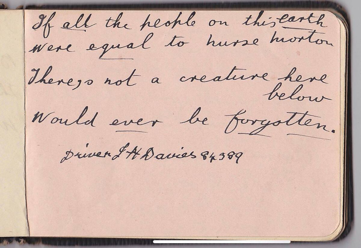 Note from JH Davies in Nurse Morton's autograph book Picture: Roz Crowley Note from JH Davies in Nurse Morton's autograph book Picture: Roz Crowley