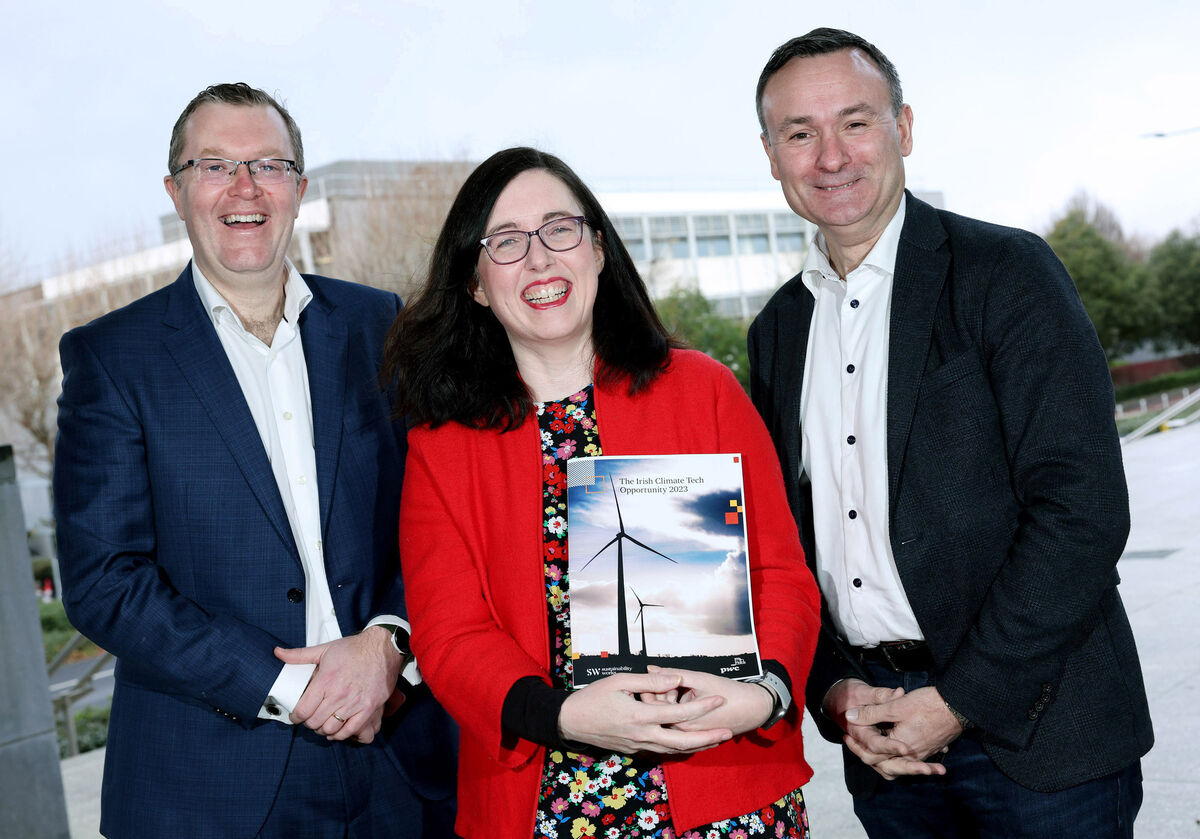 At the launch of the PwC/SustainabilityWorks report ‘The Irish Climate Tech Opportunity 2023’ are: Mark Christal, Enterprise Ireland; Aideen O’Hora, of SustainabilityWorks and co-author of the report; and David McGee, Leader, PwC Ireland ESG Practice and co-author of the report. The report analyses the progress of climate tech investment in Ireland and concludes that while much work is being done with great success, more urgent and accelerated action and investment is required to meet Ireland’s challenging climate change targets. Picture: Maxwells At the launch of the PwC/SustainabilityWorks report ‘The Irish Climate Tech Opportunity 2023’ are: Mark Christal, Enterprise Ireland; Aideen O’Hora, of SustainabilityWorks and co-author of the report; and David McGee, Leader, PwC Ireland ESG Practice and co-author of the report. The report analyses the progress of climate tech investment in Ireland and concludes that while much work is being done with great success, more urgent and accelerated action and investment is required to meet Ireland’s challenging climate change targets. Picture: Maxwells