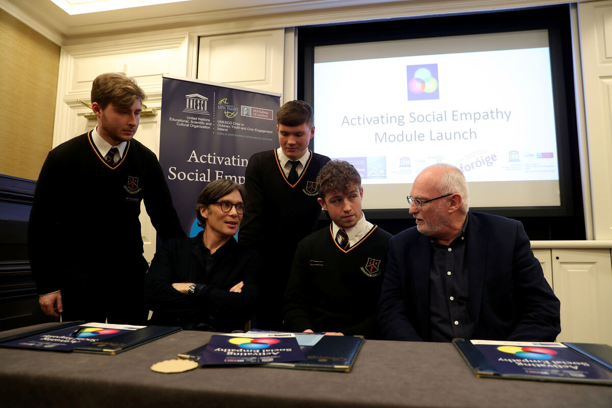 Pictured with actor Cillian Murphy, and UNESCO Chair Professor Pat Dolan Unesco, Child and Family Research Centre NUI Galway were students Nathan de Bustos, Conor Eivers and Seamus Flannery from CBS Monkstown Park, Dublin. Pic: Jason Clarke Pictured with actor Cillian Murphy, and UNESCO Chair Professor Pat Dolan Unesco, Child and Family Research Centre NUI Galway were students Nathan de Bustos, Conor Eivers and Seamus Flannery from CBS Monkstown Park, Dublin. Pic: Jason Clarke