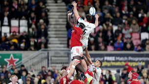<p>COME FROM BEHIND: Munster's Edwin Edogbo and David McCann of Ulster in a line-out</p>