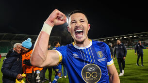 <p>STICK OR TWIST: Waterford’s Ronan Coughlan celebrates after the playoff against Cork City. INPHO/Ryan Byrne</p>