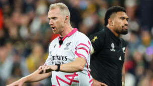 <p>THROWING THE BOOK: Referee Wayne Barnes during the World Cup final. Pic: ©INPHO/James Crombie</p>