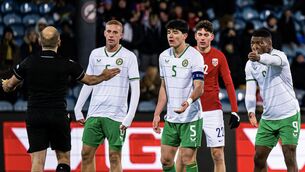 <p>SETBACK: Anselmo García McNulty and team-mates contest a yellow card. Photo by Marius Simensen/Sportsfile</p>