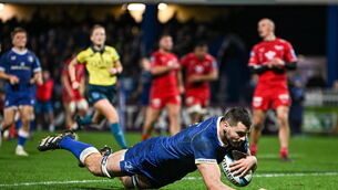 <p>AT THE DOUBLE: Max Deegan of Leinster scores his side's eighth try during the United Rugby Championship match. Pic: Sam Barnes/Sportsfile</p>