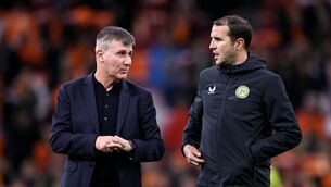 <p>Republic of Ireland manager Stephen Kenny and coach John O'Shea, right, before the UEFA EURO 2024 Championship qualifying group B match between Netherlands and Republic of Ireland at Johan Cruijff ArenA in Amsterdam, Netherlands. Photo by Stephen McCarthy/Sportsfile</p>