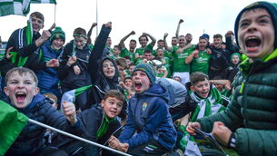 <p>19 November 2023; Milltown-Castlemaine supporters and players celebrate after the Kerry County Intermediate Football Championship Final match between Fossa and Milltown/Castlemaine at Austin Stack Park in Tralee, Kerry. Photo by David Fitzgerald/Sportsfile</p>