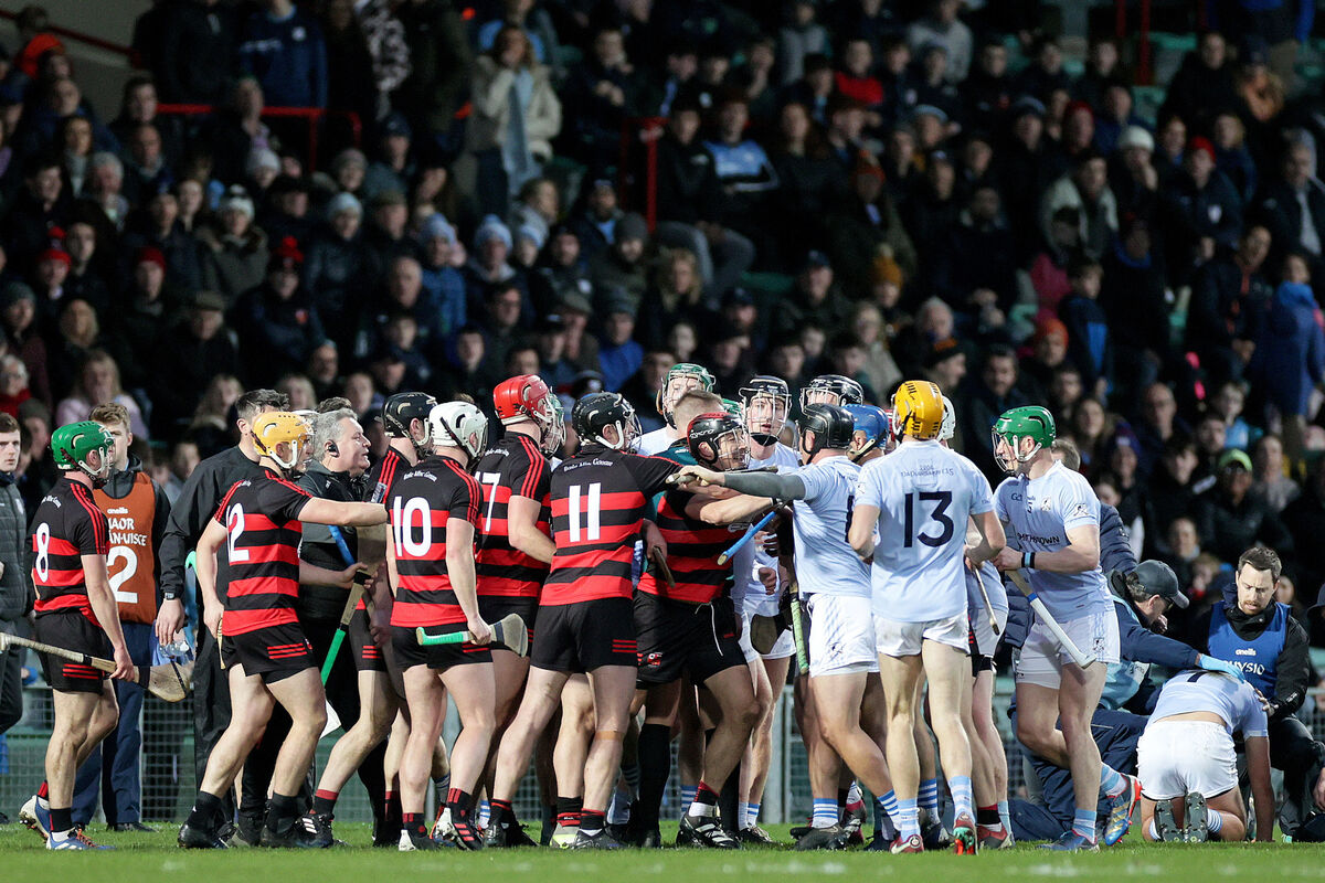 Tempers flare between the sides at the end of the first half Tempers flare between the sides at the end of the first half