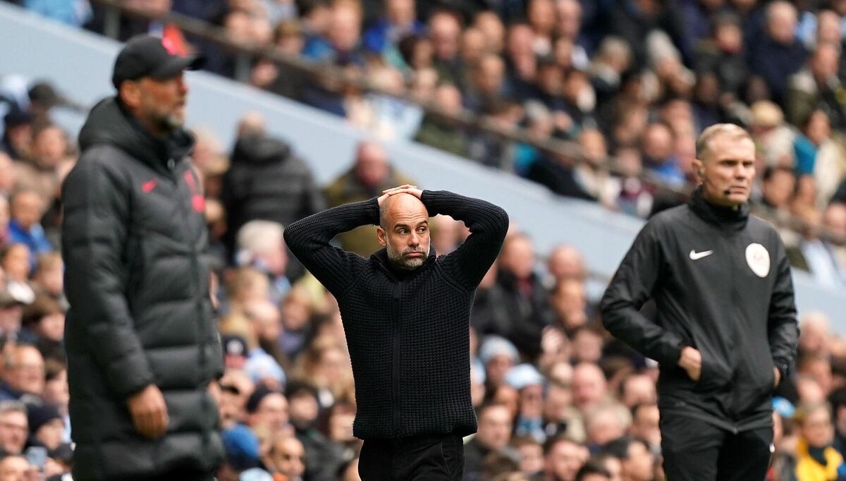Liverpool manager Jurgen Klopp and Manchester City manager Pep Guardiola on the touchline. Photo credit: Mike Egerton/PA Wire.