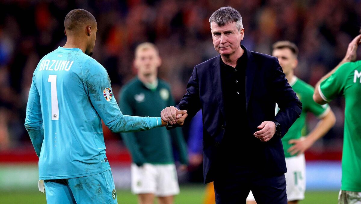 SULLEN: Ireland manager Stephen Kenny with Gavin Bazunu after the game. SULLEN: Ireland manager Stephen Kenny with Gavin Bazunu after the game.